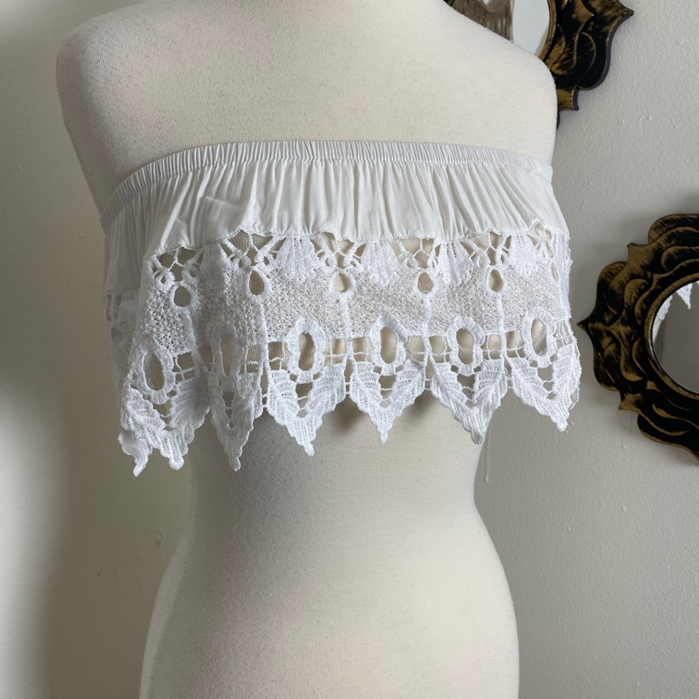 Offer Upcyled re fashioned custom beach swimsuit cover up white lace cut outs S